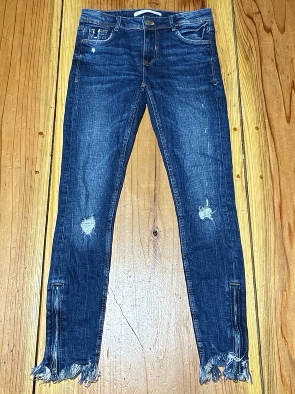 Zara Blue Distressed Skinny Jeans with Frayed Ankles